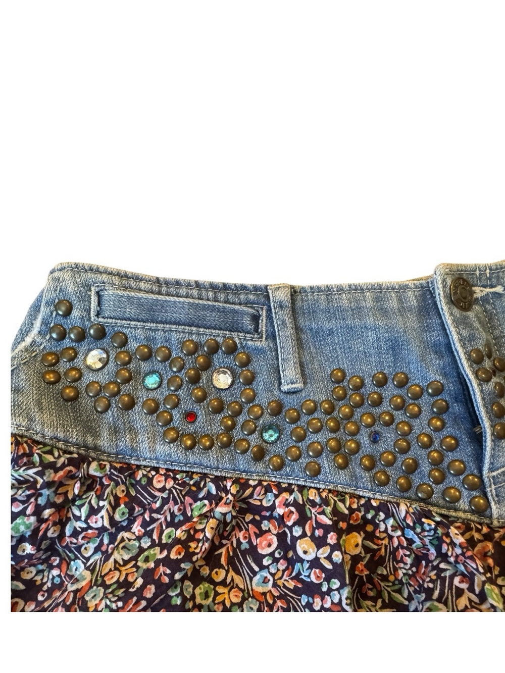 Y2K Express Denim & Floral Ruffle Micro Mini Skirt | Studs Gems Boho Festival - Picture 6 of 13